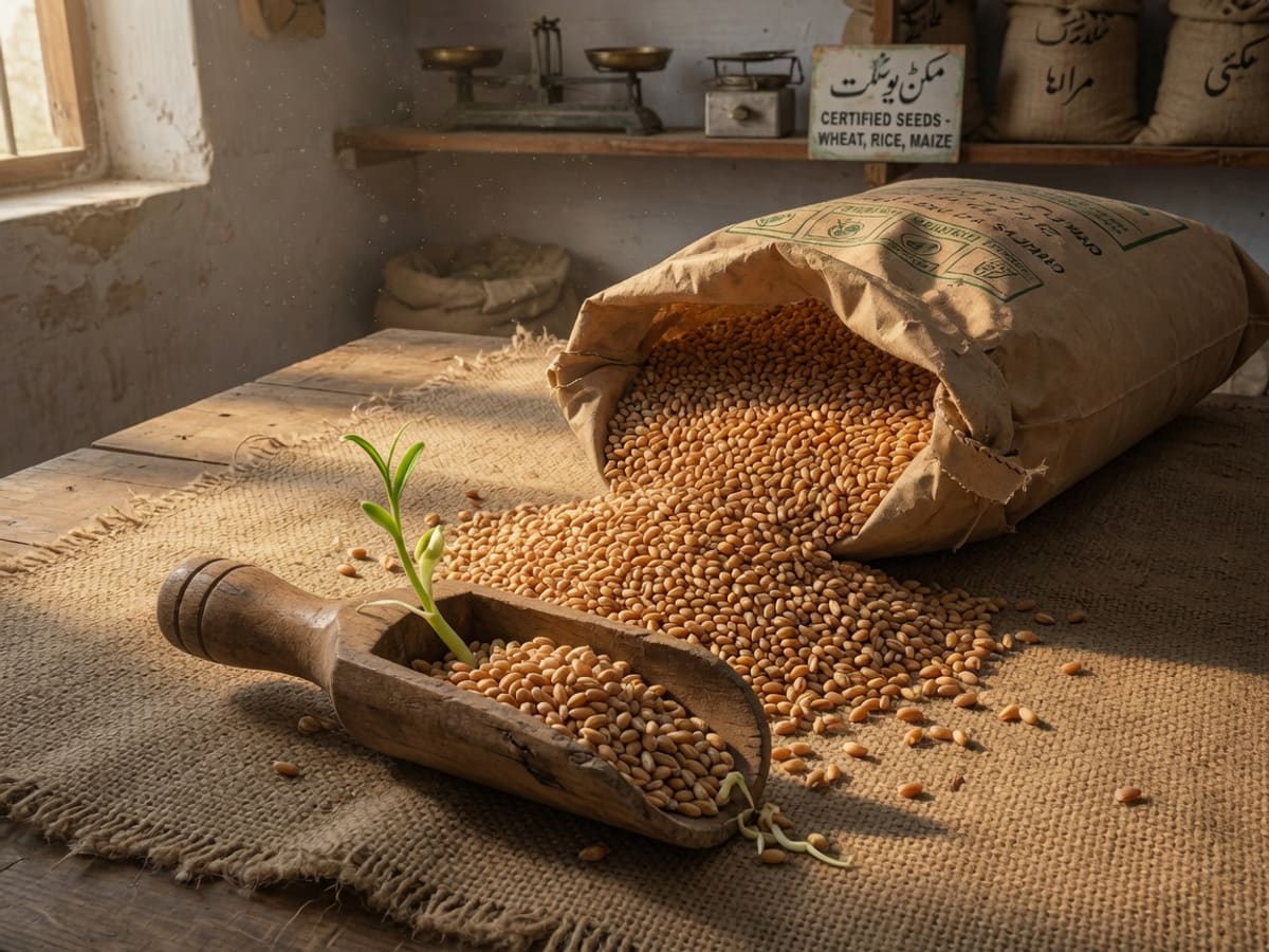 Certified seed bags at a dealer counter